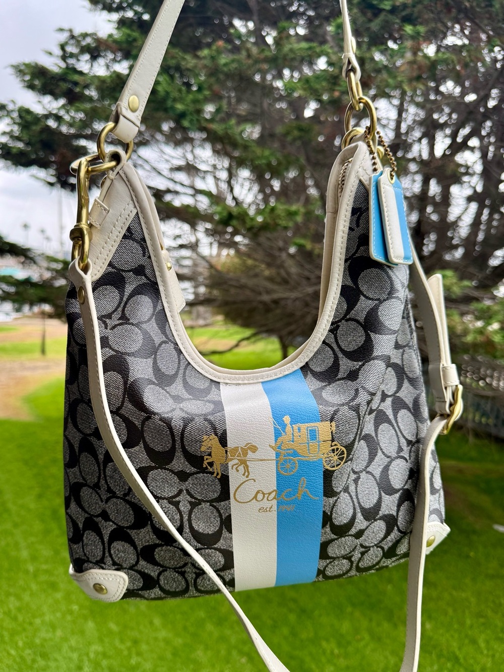 Coach Heritage Signature Stripe Hobo Bag in Black, White & Blue